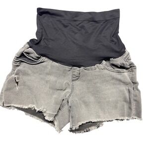 Maternity Denim Shorts‎ Gray Distressed Raw Hem High Waist Over Belly Panel